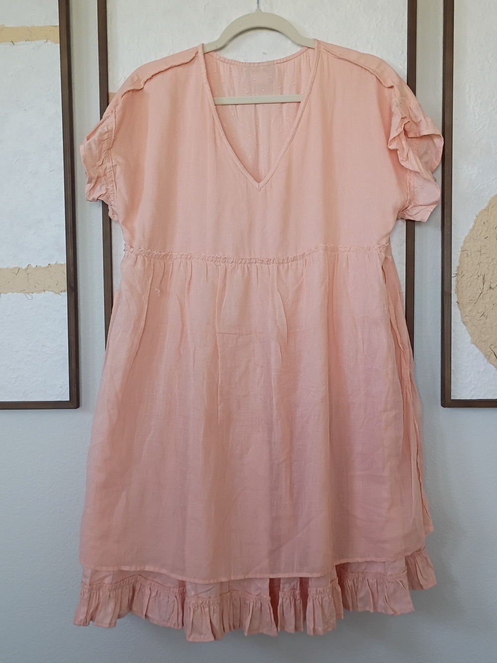 Angie Peach Pink Midi Tiered Ruffle Bojo Dress Short Flare Sleeves Size Large - Picture 5 of 9